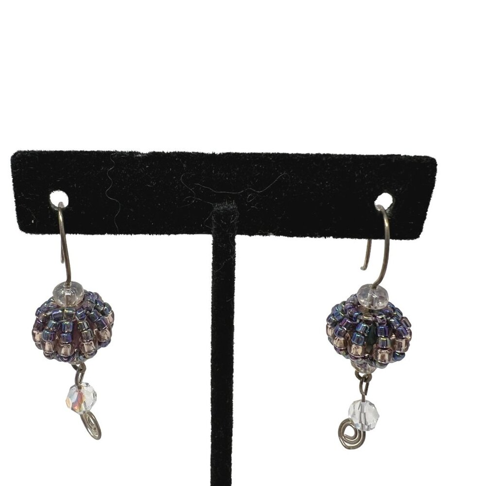 Handcrafted Earrings Pink Blue Beaded‎ Crystal Pierced Dangle Wire